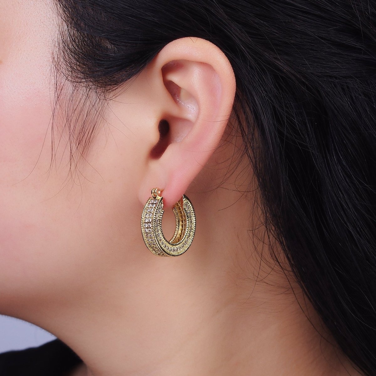 14K Gold Filled 25mm Clear CZ Lined Wide Hoop Latch Earrings in Gold & Silver | AE552 AE553