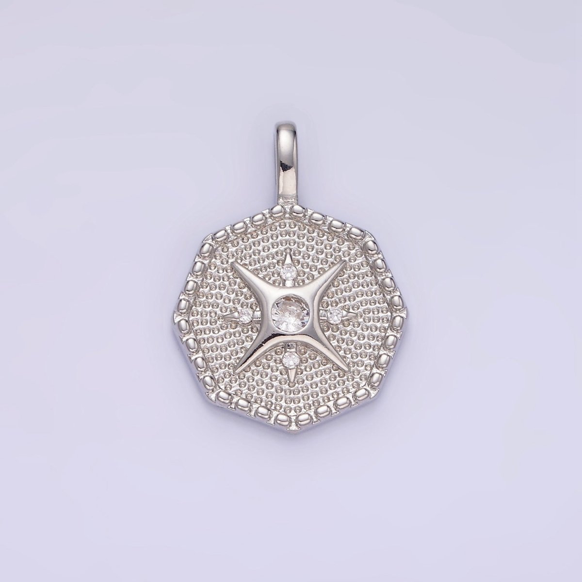 14K Gold Filled 25mm Compass CZ Dotted Hexagonal Pendant in Gold & Silver | AA1151