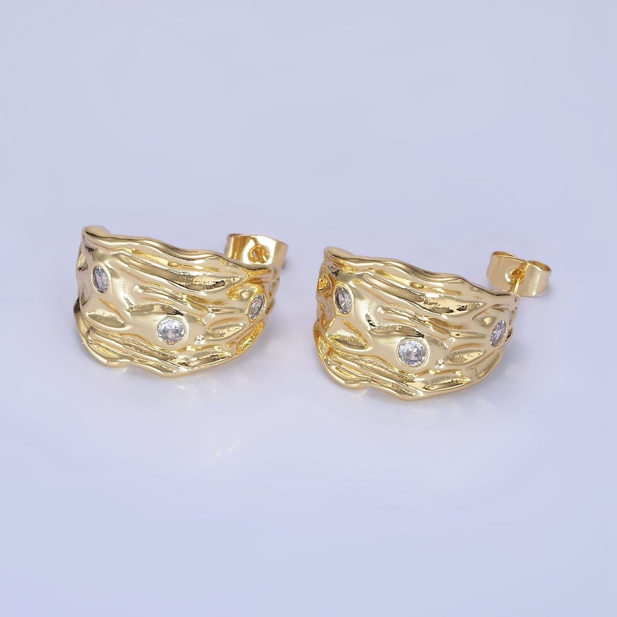 14K Gold Filled CZ Hammered Geometric C-Shaped Hoop Earrings in Gold & Silver | AB1300 AB1301
