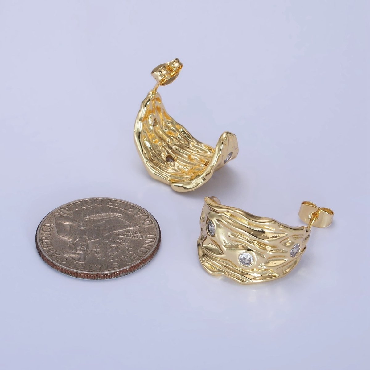 14K Gold Filled CZ Hammered Geometric C-Shaped Hoop Earrings in Gold & Silver | AB1300 AB1301