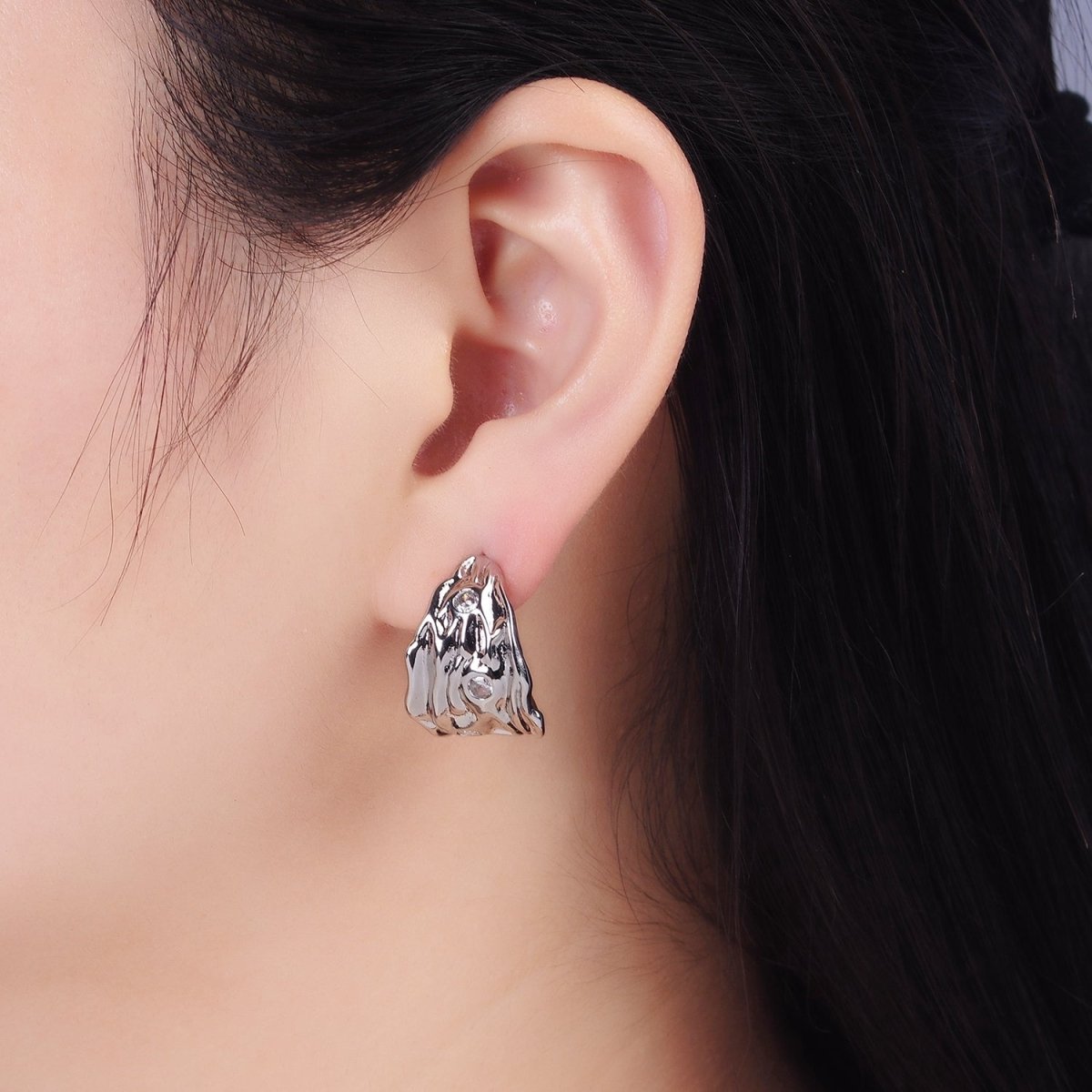 14K Gold Filled CZ Hammered Geometric C-Shaped Hoop Earrings in Gold & Silver | AB1300 AB1301