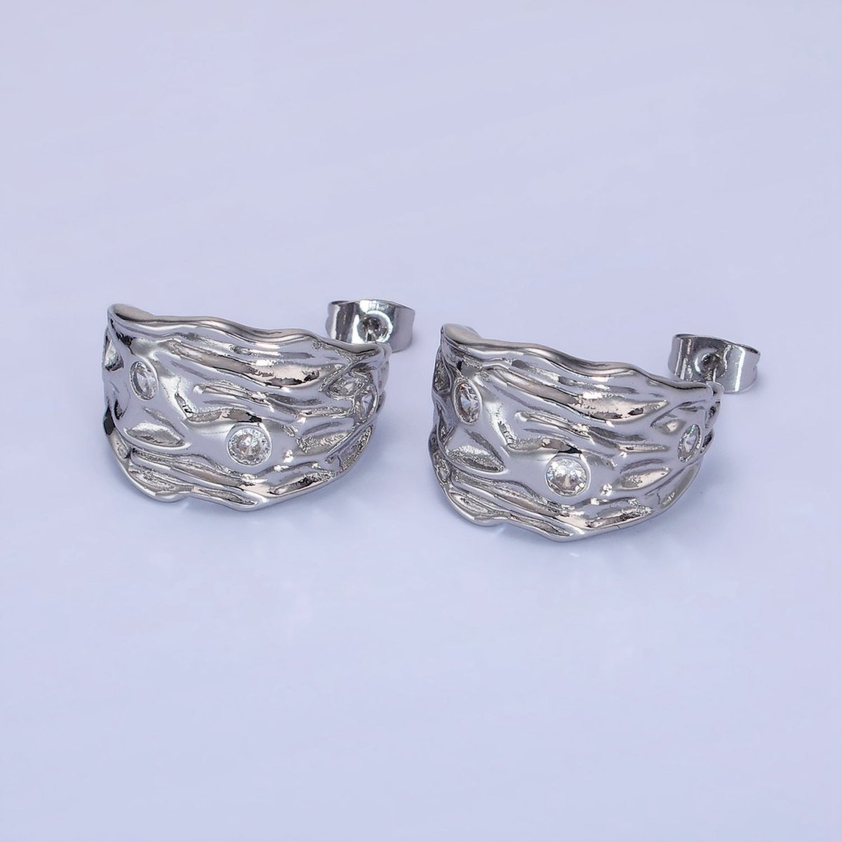 14K Gold Filled CZ Hammered Geometric C-Shaped Hoop Earrings in Gold & Silver | AB1300 AB1301