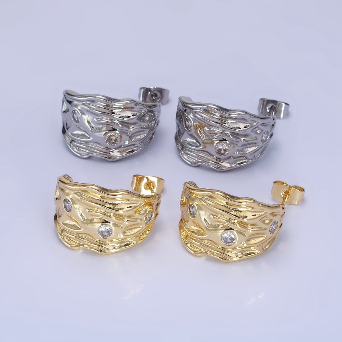 14K Gold Filled CZ Hammered Geometric C-Shaped Hoop Earrings in Gold & Silver | AB1300 AB1301