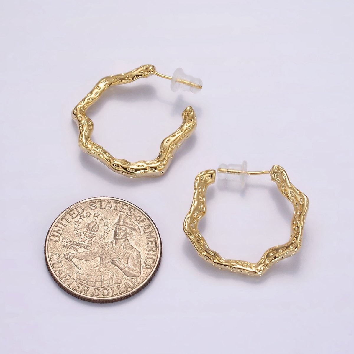 14K Gold Filled 25mm Dented Abstract C-Shaped Hoop Earrings in Gold & Silver | AE330 AE331