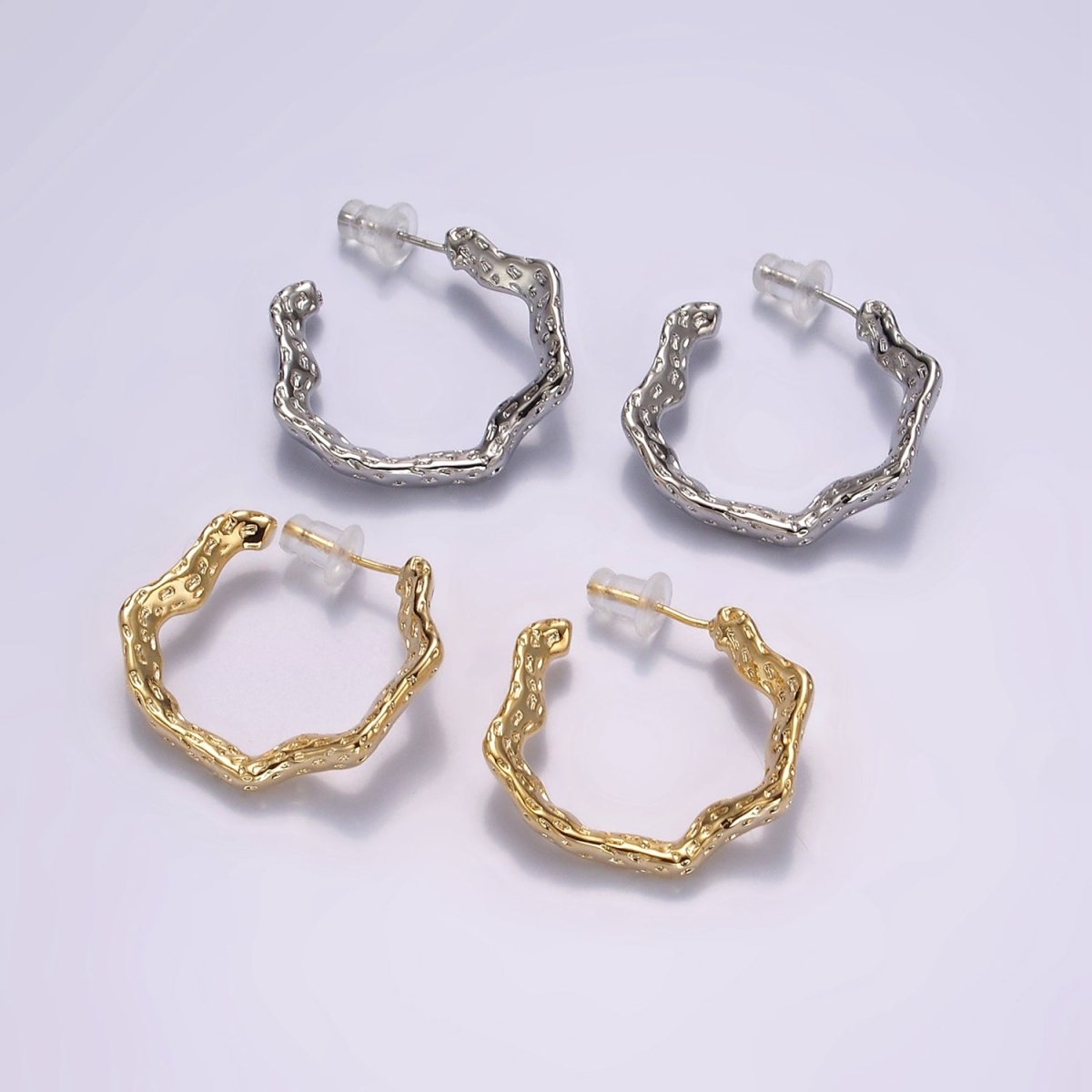 14K Gold Filled 25mm Dented Abstract C-Shaped Hoop Earrings in Gold & Silver | AE330 AE331