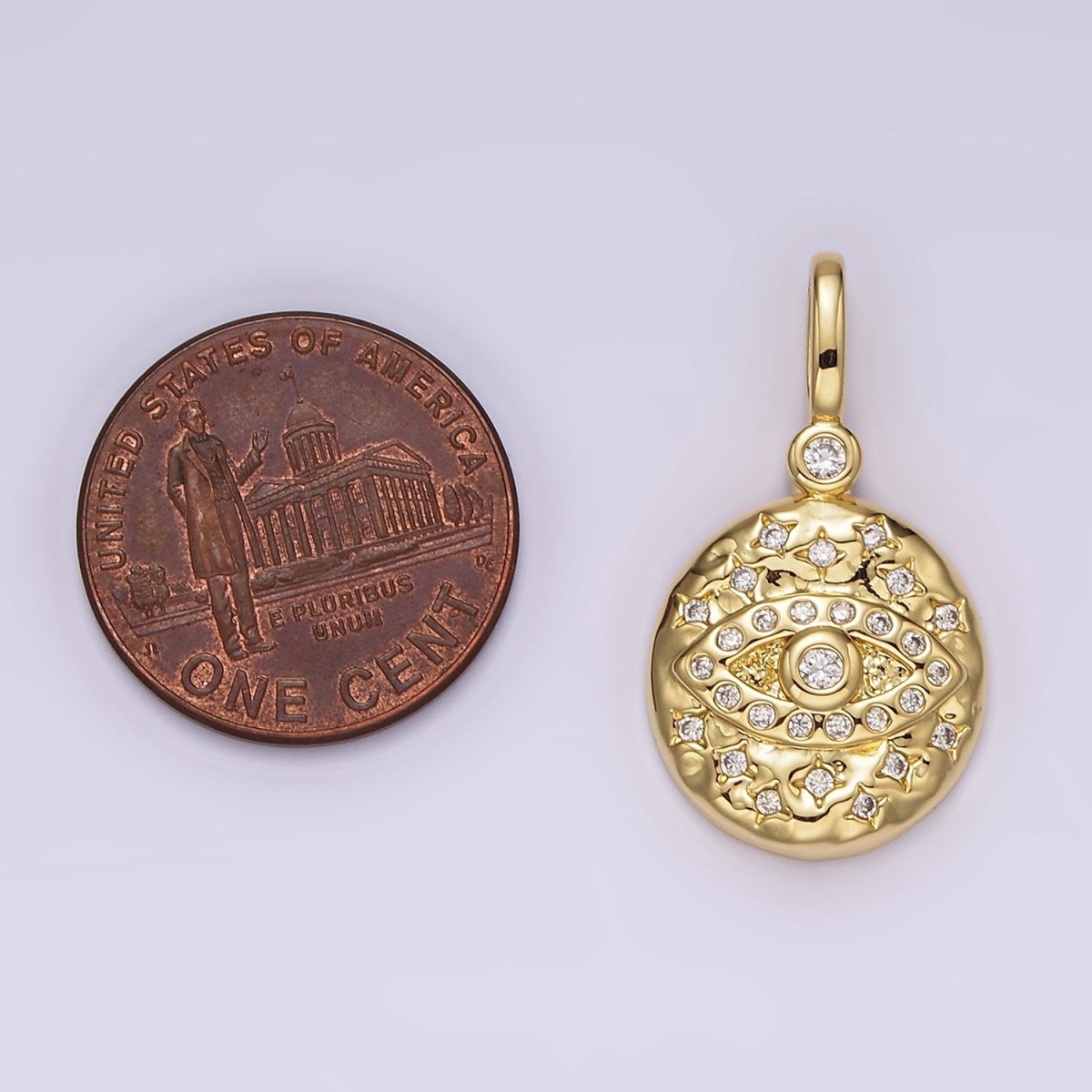 14K Gold Filled 25mm Evil Eye Celestial Star Hammered Round Drop CZ Pendant | AH129 - DLUXCA