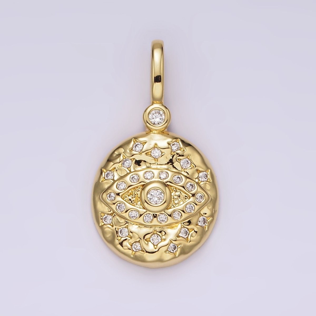 14K Gold Filled 25mm Evil Eye Celestial Star Hammered Round Drop CZ Pendant | AH129 - DLUXCA