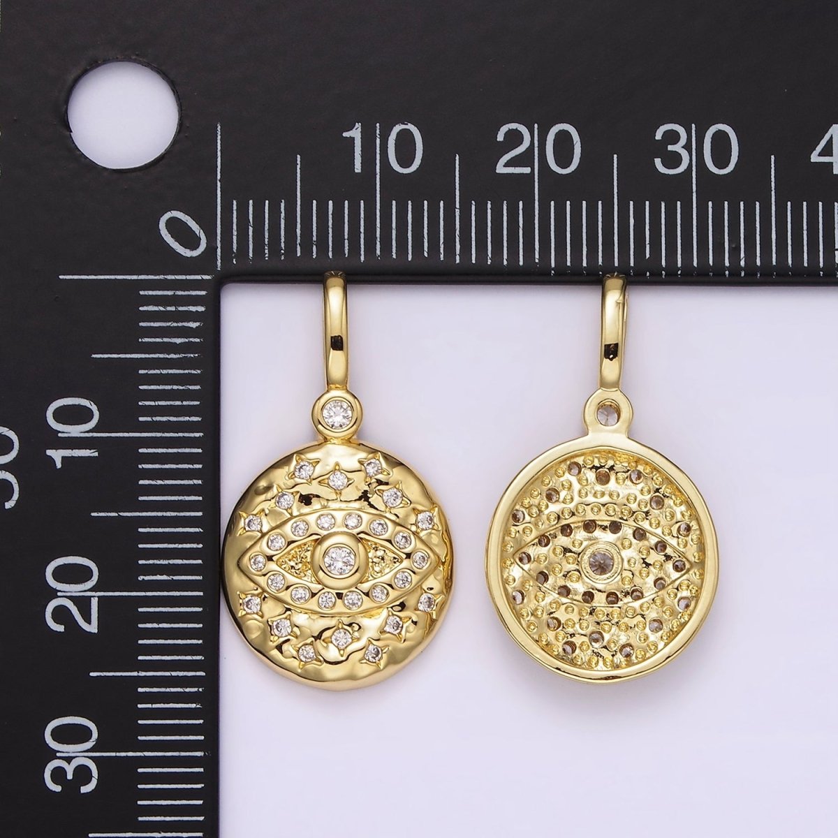 14K Gold Filled 25mm Evil Eye Celestial Star Hammered Round Drop CZ Pendant | AH129 - DLUXCA