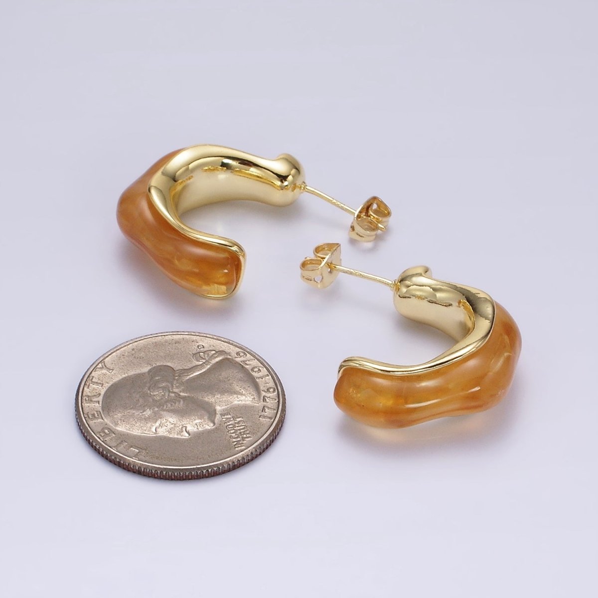 14K Gold Filled 25mm Green, Cream, Pink, Brown C-Shaped Resin Hoop Earrings | AE157