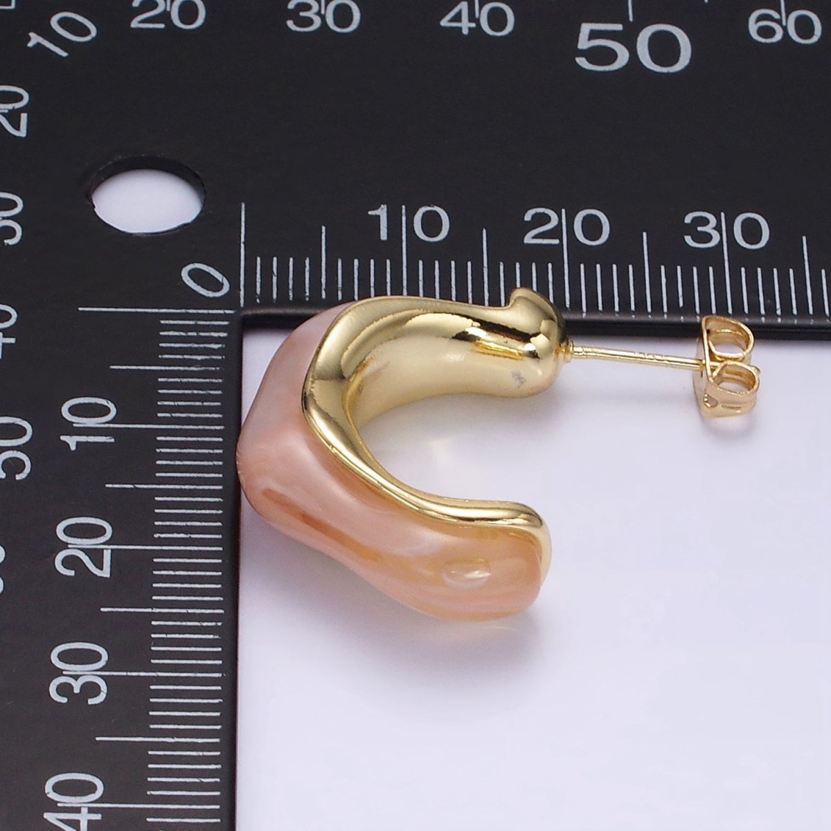 14K Gold Filled 25mm Green, Cream, Pink, Brown C-Shaped Resin Hoop Earrings | AE157