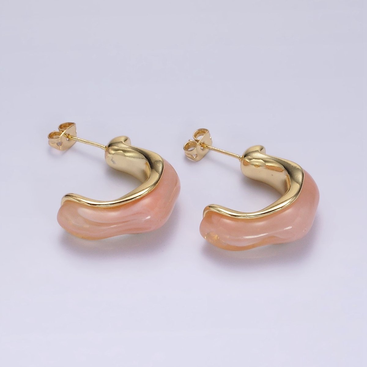 14K Gold Filled 25mm Green, Cream, Pink, Brown C-Shaped Resin Hoop Earrings | AE157