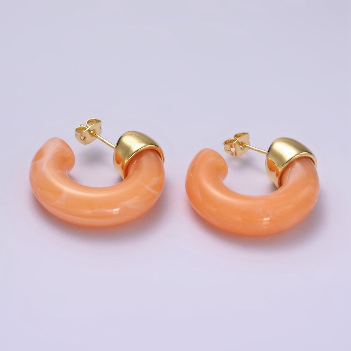 14K Gold Filled 25mm Orange & White C-Shaped Resin Hoop Earrings | AE186-187