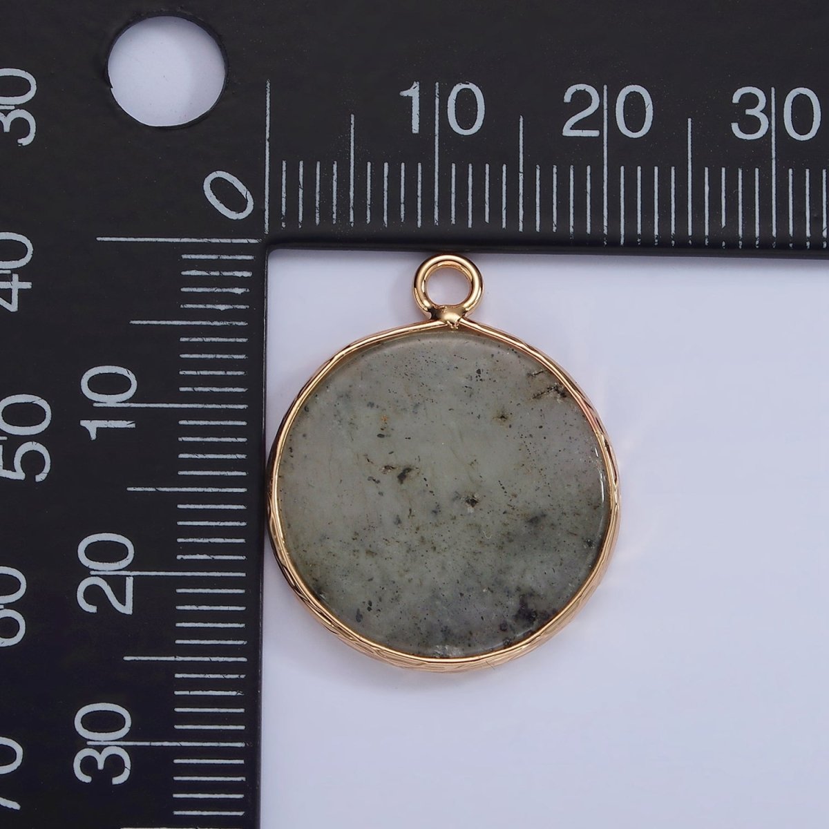 14K Gold Filled 25mm Grey Labradorite Round Bezel Charm | N1651