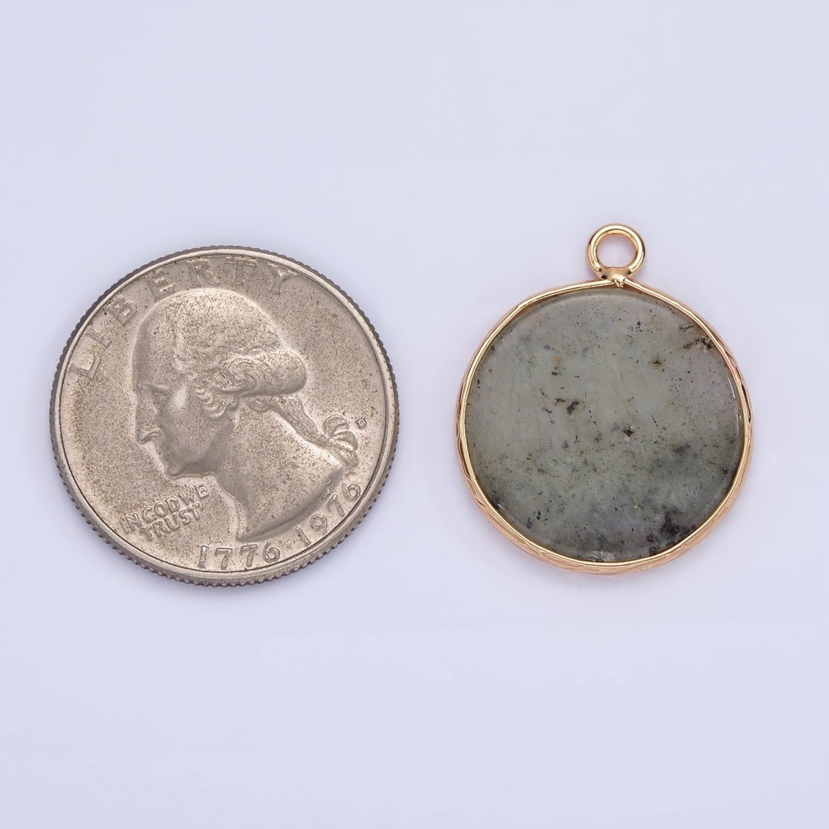 14K Gold Filled 25mm Grey Labradorite Round Bezel Charm | N1651