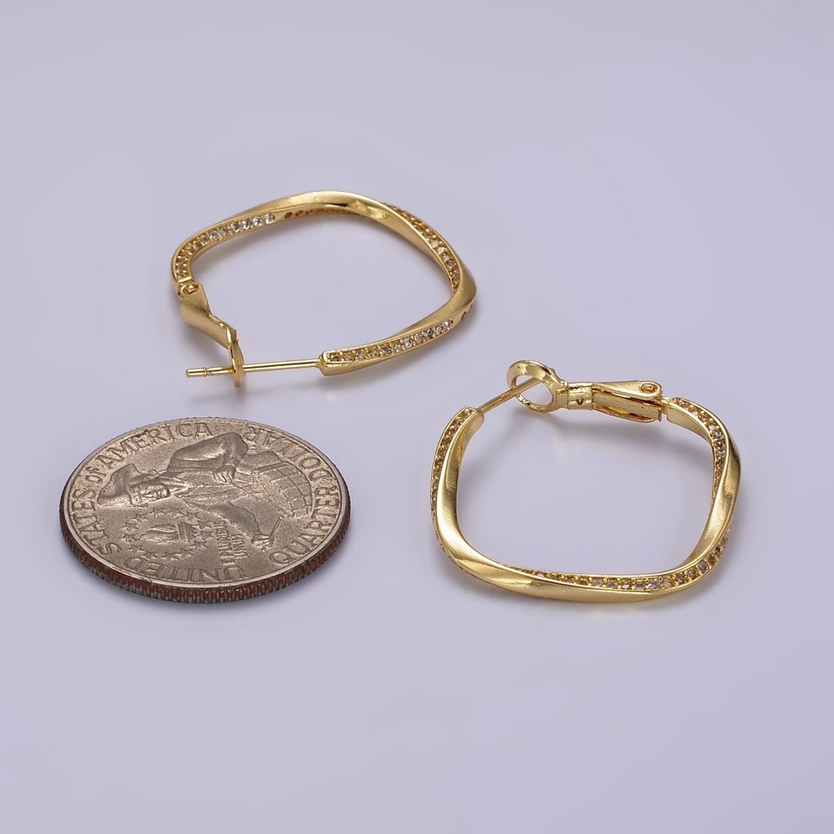 14K Gold Filled 25mm Micro Paved CZ Edged Rhombus Hinge Hoop Earrings | AE376 - DLUXCA