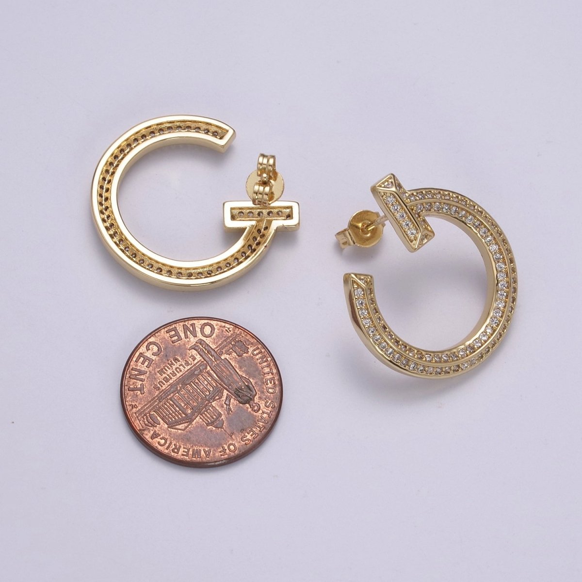 14K Gold Filled 25mm Micro Paved CZ Nail Circular Stud Earrings in Gold & Silver | T250 T251