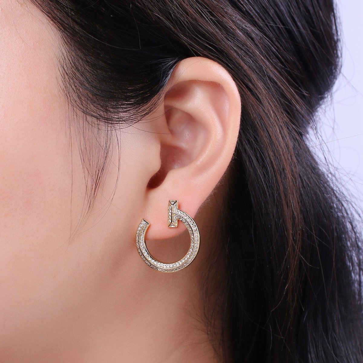 14K Gold Filled 25mm Micro Paved CZ Nail Circular Stud Earrings in Gold & Silver | T250 T251