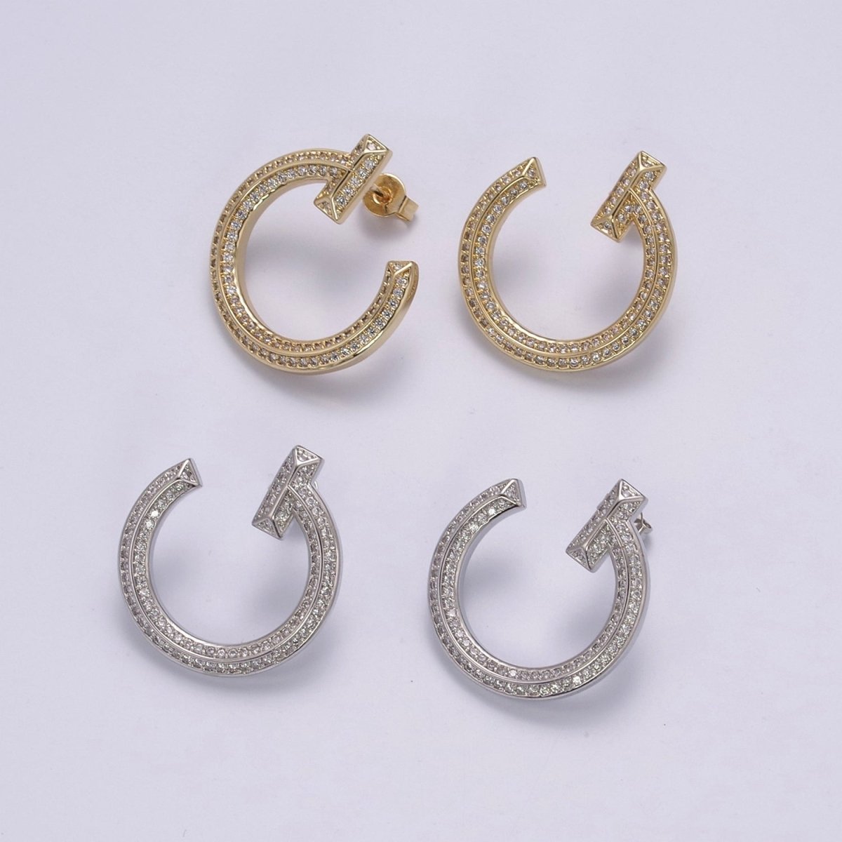 14K Gold Filled 25mm Micro Paved CZ Nail Circular Stud Earrings in Gold & Silver | T250 T251
