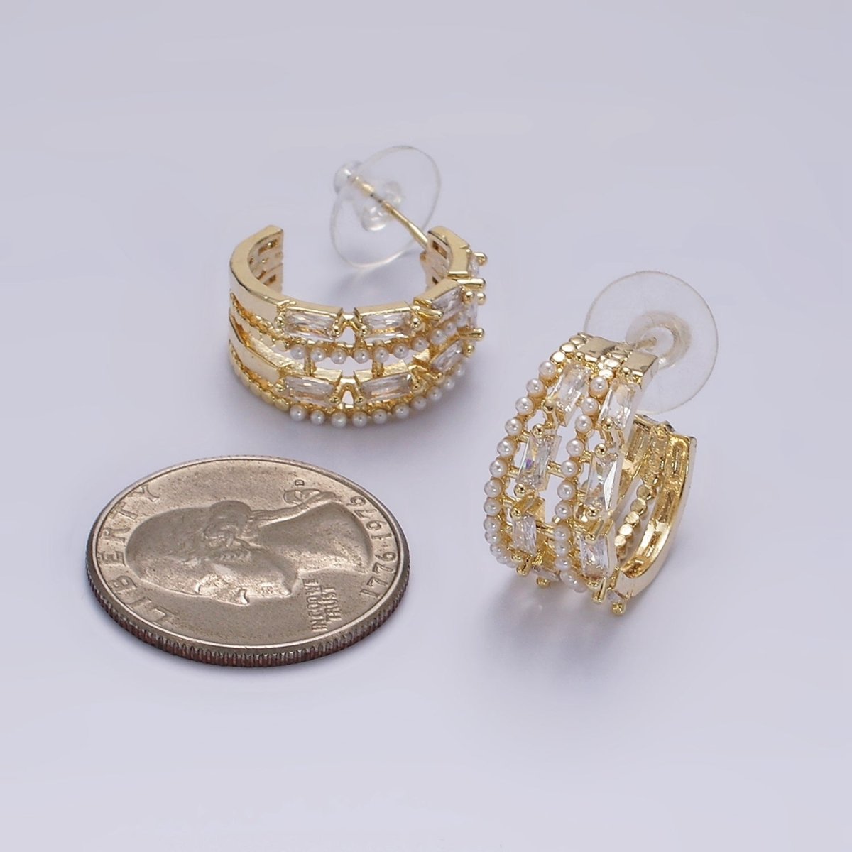 14K Gold Filled 25mm Pearl Baguette Lined C-Shaped Hoop Earrings in Gold & Silver | AE321 AE322