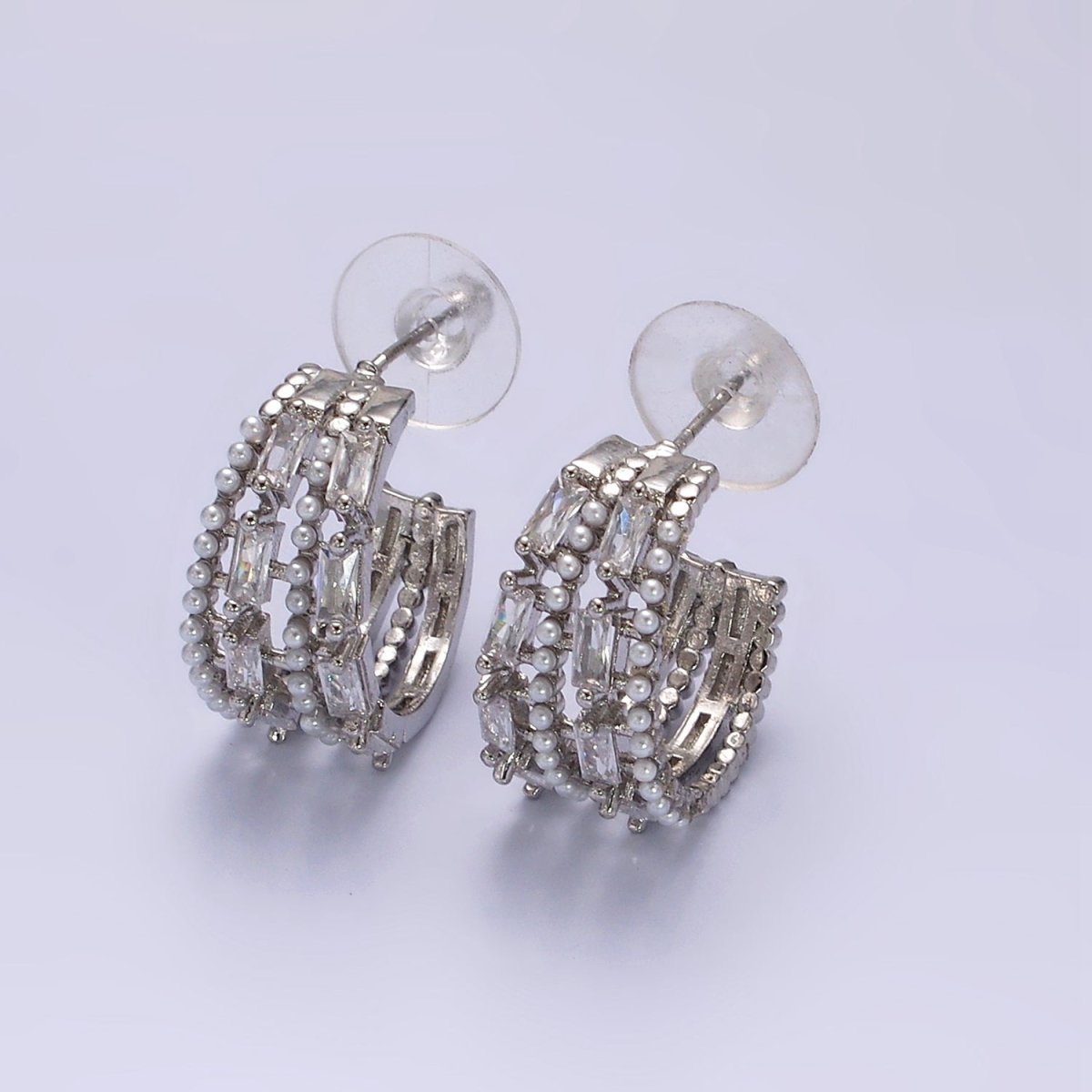 14K Gold Filled 25mm Pearl Baguette Lined C-Shaped Hoop Earrings in Gold & Silver | AE321 AE322
