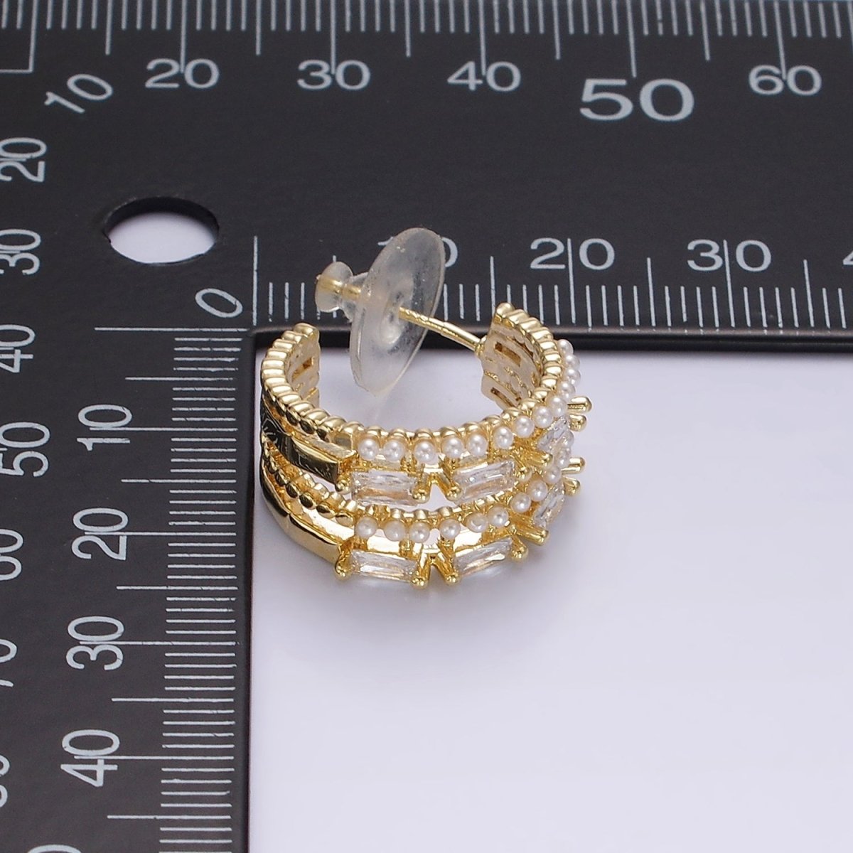 14K Gold Filled 25mm Pearl Baguette Lined C-Shaped Hoop Earrings in Gold & Silver | AE321 AE322