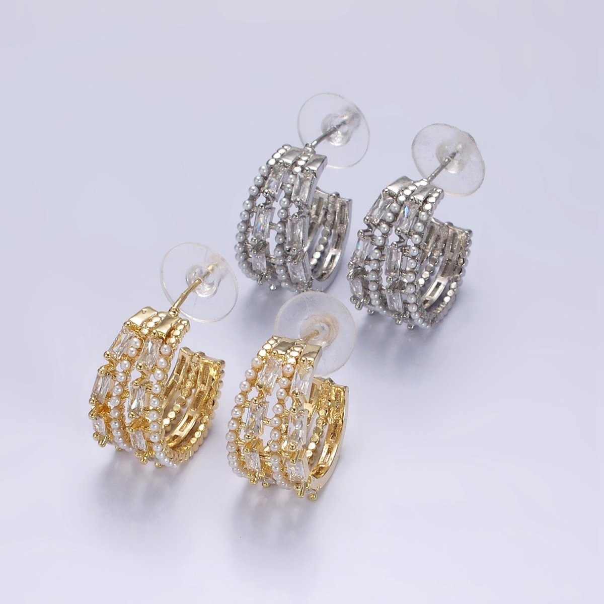 14K Gold Filled 25mm Pearl Baguette Lined C-Shaped Hoop Earrings in Gold & Silver | AE321 AE322