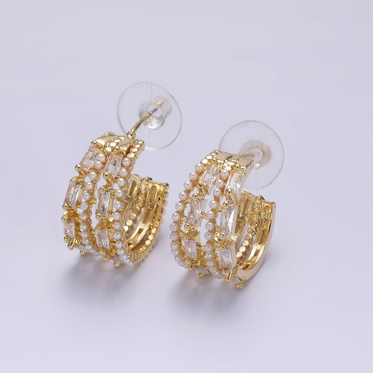 14K Gold Filled 25mm Pearl Baguette Lined C-Shaped Hoop Earrings in Gold & Silver | AE321 AE322