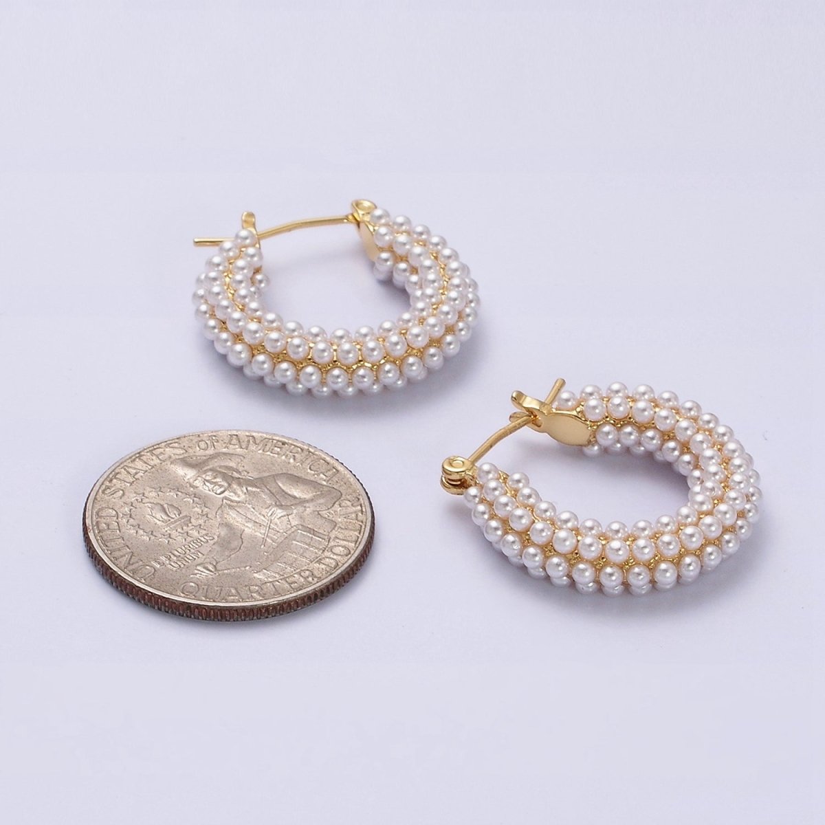 14K Gold Filled 25mm Pearl Lined Latch Hoop Earrings in Gold & Silver | AD-375