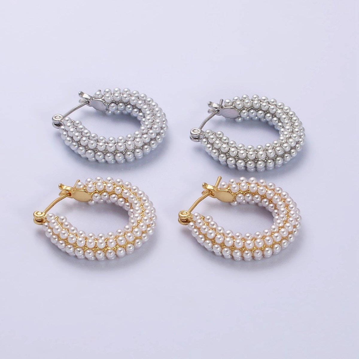 14K Gold Filled 25mm Pearl Lined Latch Hoop Earrings in Gold & Silver | AD-375