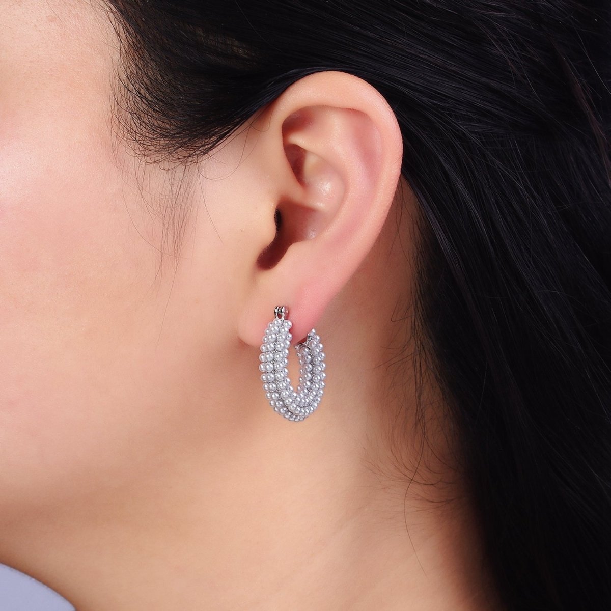 14K Gold Filled 25mm Pearl Lined Latch Hoop Earrings in Gold & Silver | AD-375