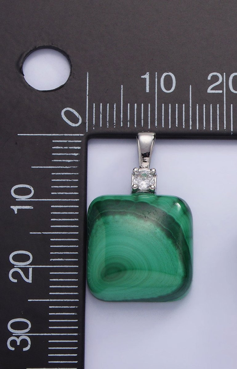 14K Gold Filled 25mm Square Malachite CZ Bail Pendant in Gold & Silver | AH134