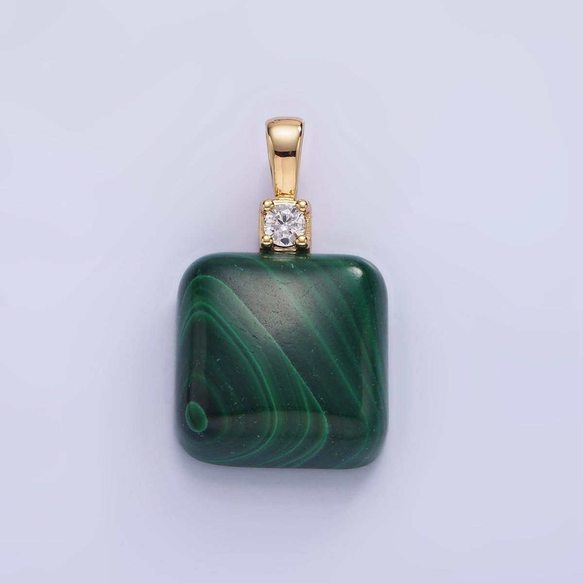 14K Gold Filled 25mm Square Malachite CZ Bail Pendant in Gold & Silver | AH134