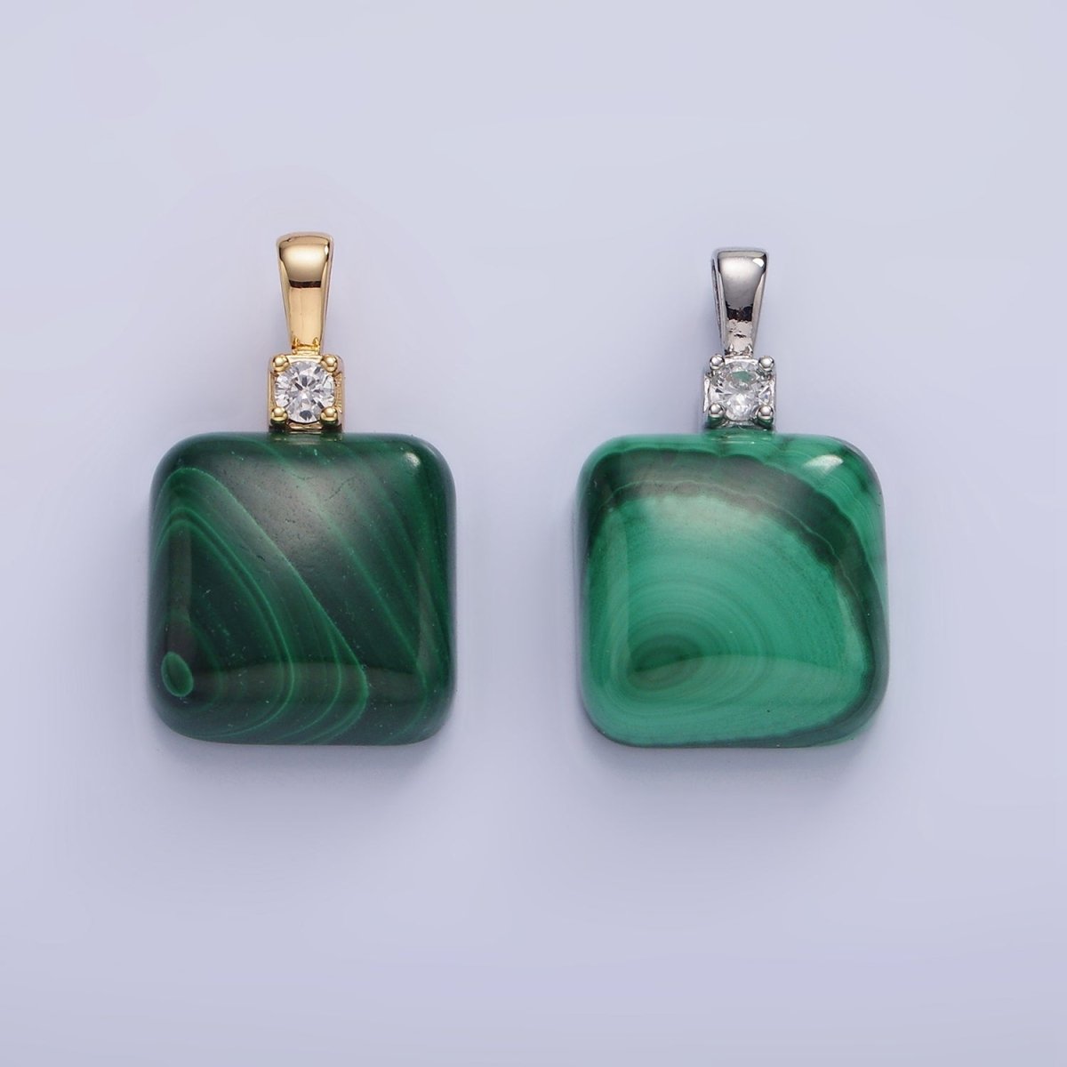14K Gold Filled 25mm Square Malachite CZ Bail Pendant in Gold & Silver | AH134