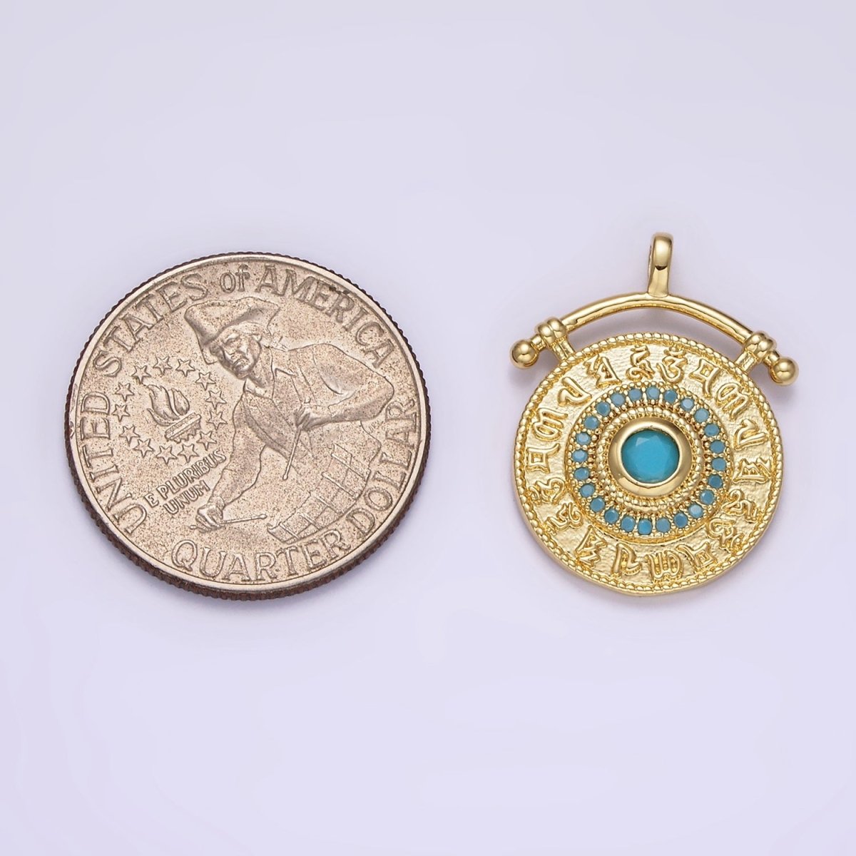 14K Gold Filled 25mm Turquoise Zodiac Sign Engraved Round Drop Pendant | N1808