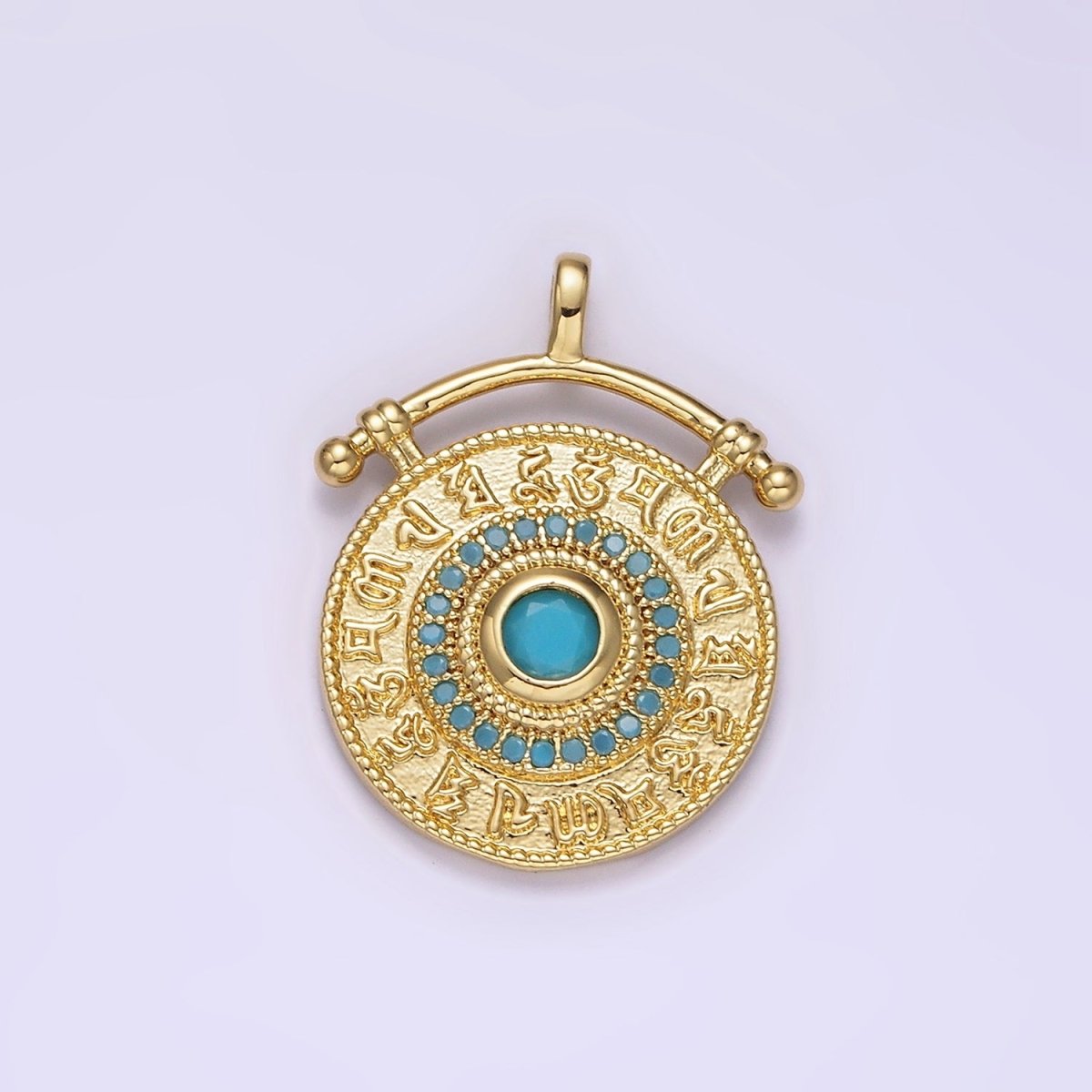 14K Gold Filled 25mm Turquoise Zodiac Sign Engraved Round Drop Pendant | N1808