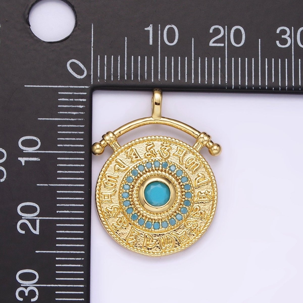 14K Gold Filled 25mm Turquoise Zodiac Sign Engraved Round Drop Pendant | N1808