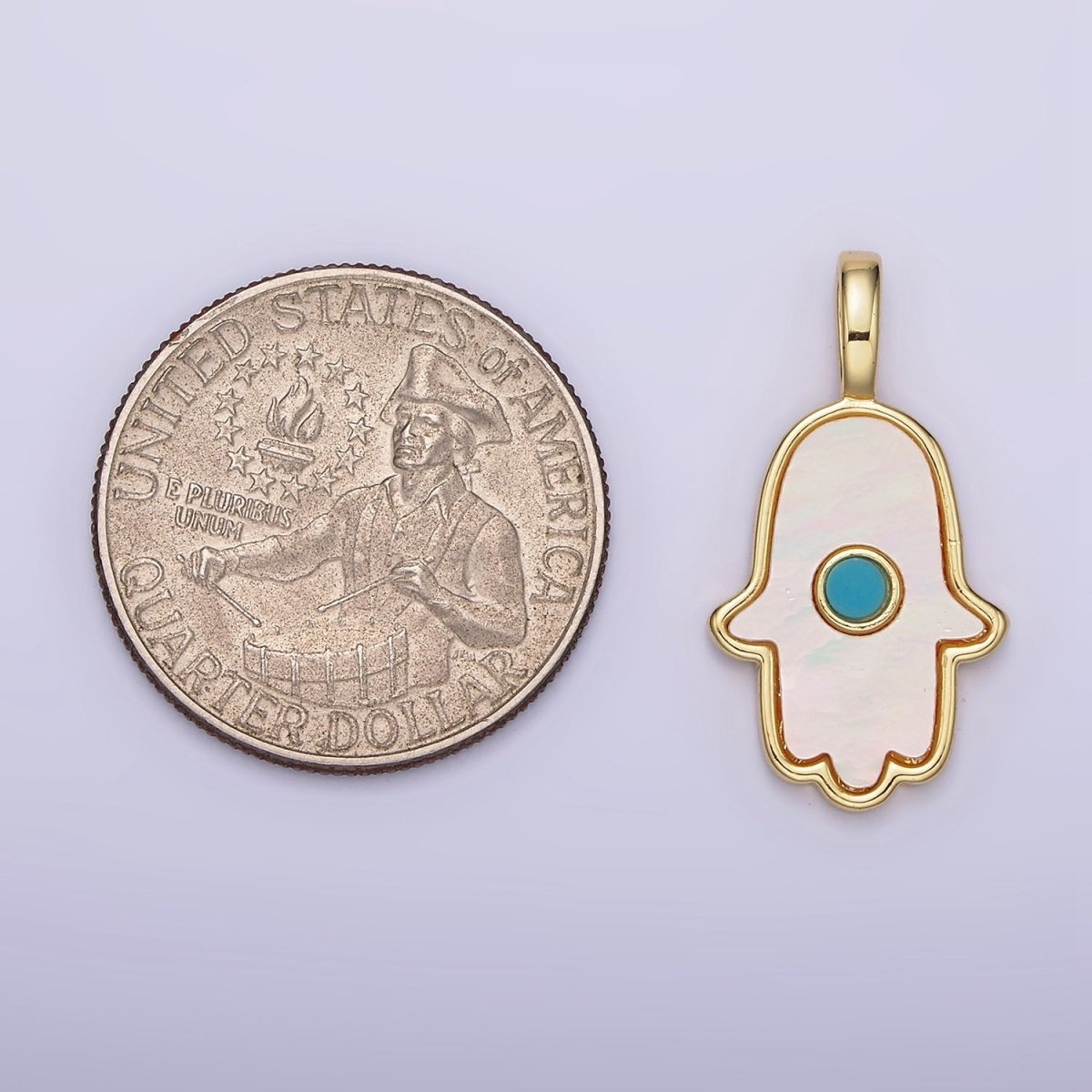 14K Gold Filled 26mm Turquoise Shell Pearl Hamsa Hand Pendant | N1244
