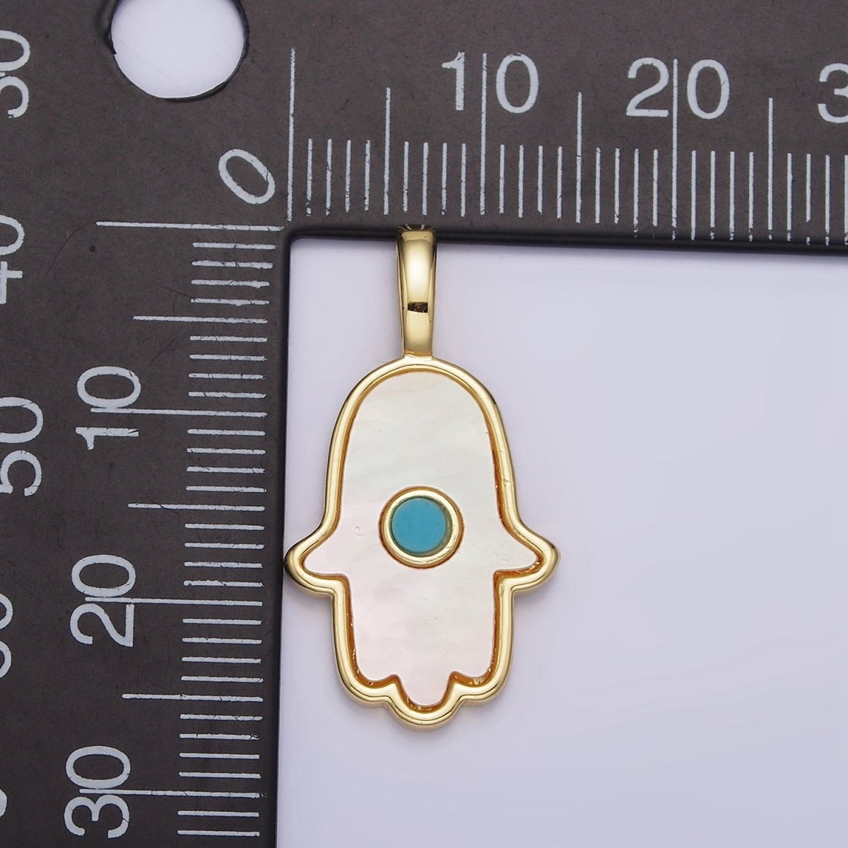 14K Gold Filled 26mm Turquoise Shell Pearl Hamsa Hand Pendant | N1244