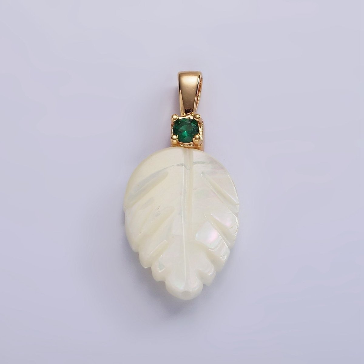 14K Gold Filled 27.5mm Green CZ Shell Pearl Nature Leaf Pendant | P1637