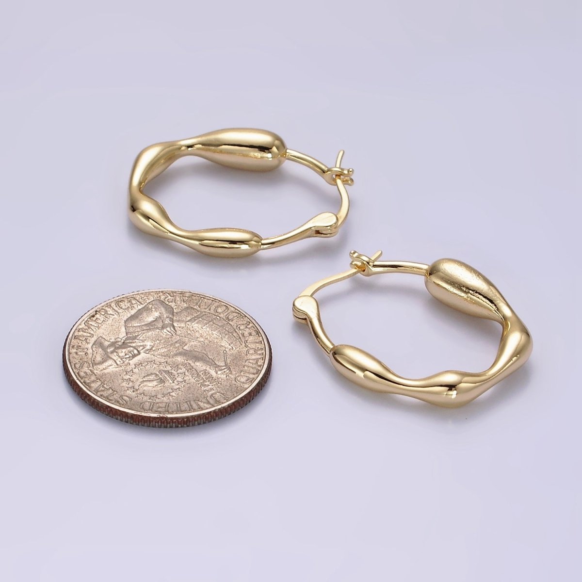 14K Gold Filled 27mm Molten Drip French Lock Latch Hoop Earrings in Gold & Silver | AE441 AE442