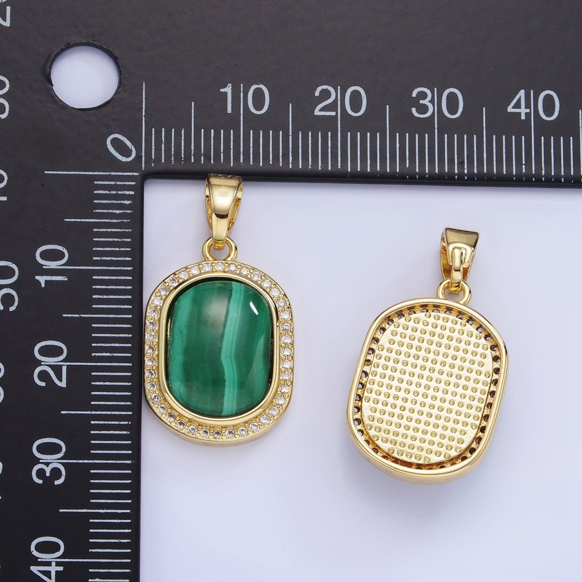 14K Gold Filled 28mm Malachite Oblong Micro Paved Bezel Pendant | AA1236 - DLUXCA