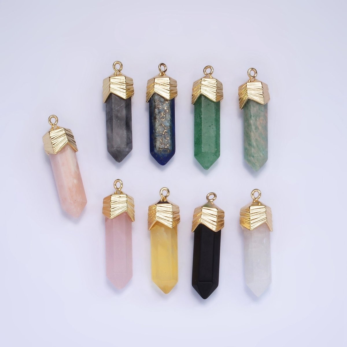 14K Gold Filled 28mm Natural Gemstone Pointed Wand Line-Textured Charm | AG333 - AG341