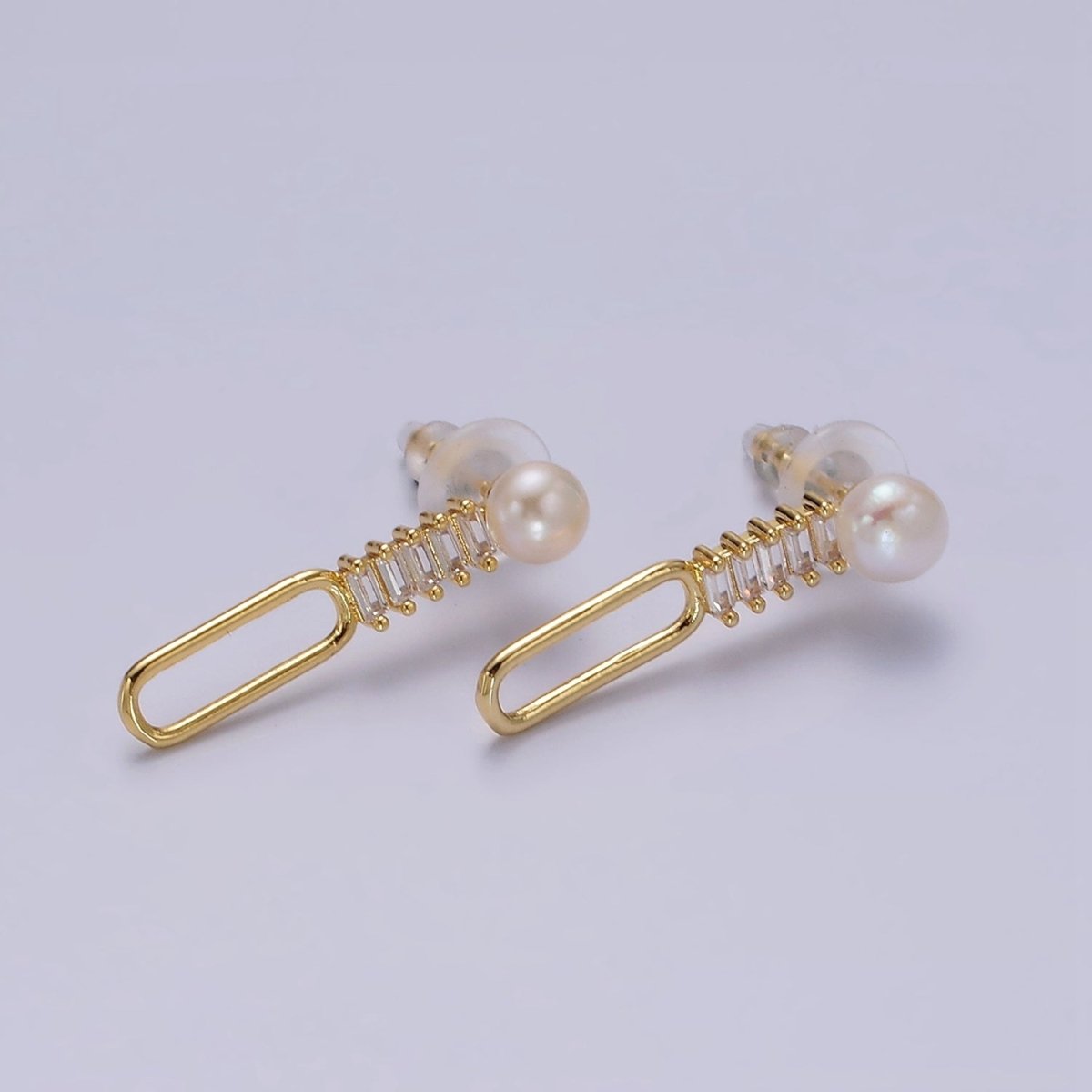 14K Gold Filled 28mm Open Oblong Clear Baguette Lined Pearl Drop Stud Earrings | AE749 - DLUXCA