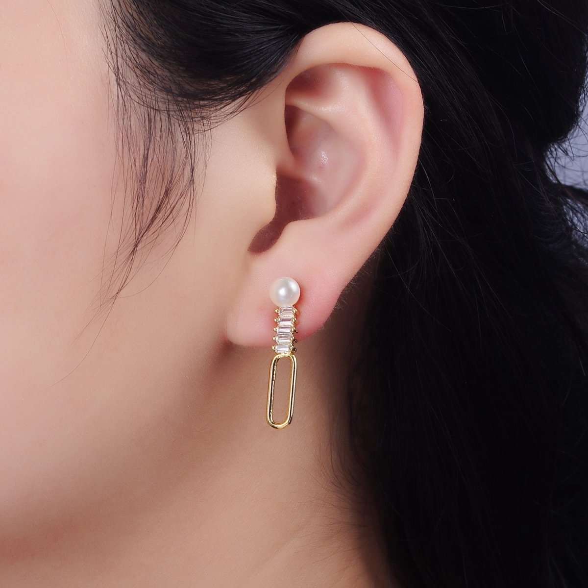 14K Gold Filled 28mm Open Oblong Clear Baguette Lined Pearl Drop Stud Earrings | AE749 - DLUXCA