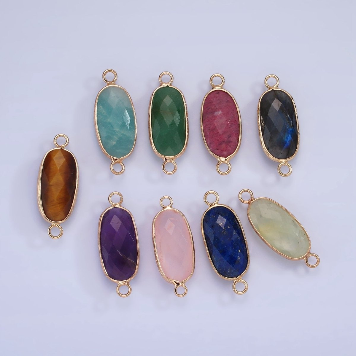 14K Gold Filled 29.2mm Natural Gemstone Oval Multifaceted Charm Connector | G014 - G022