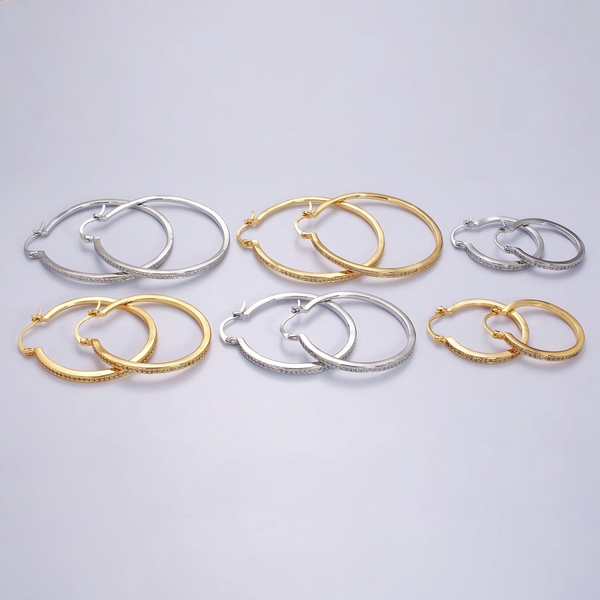 14K Gold Filled 30mm, 40mm, 50mm Clear CZ Lined Latch Hoop Earrings in Gold & Silver | AE145 - AE150