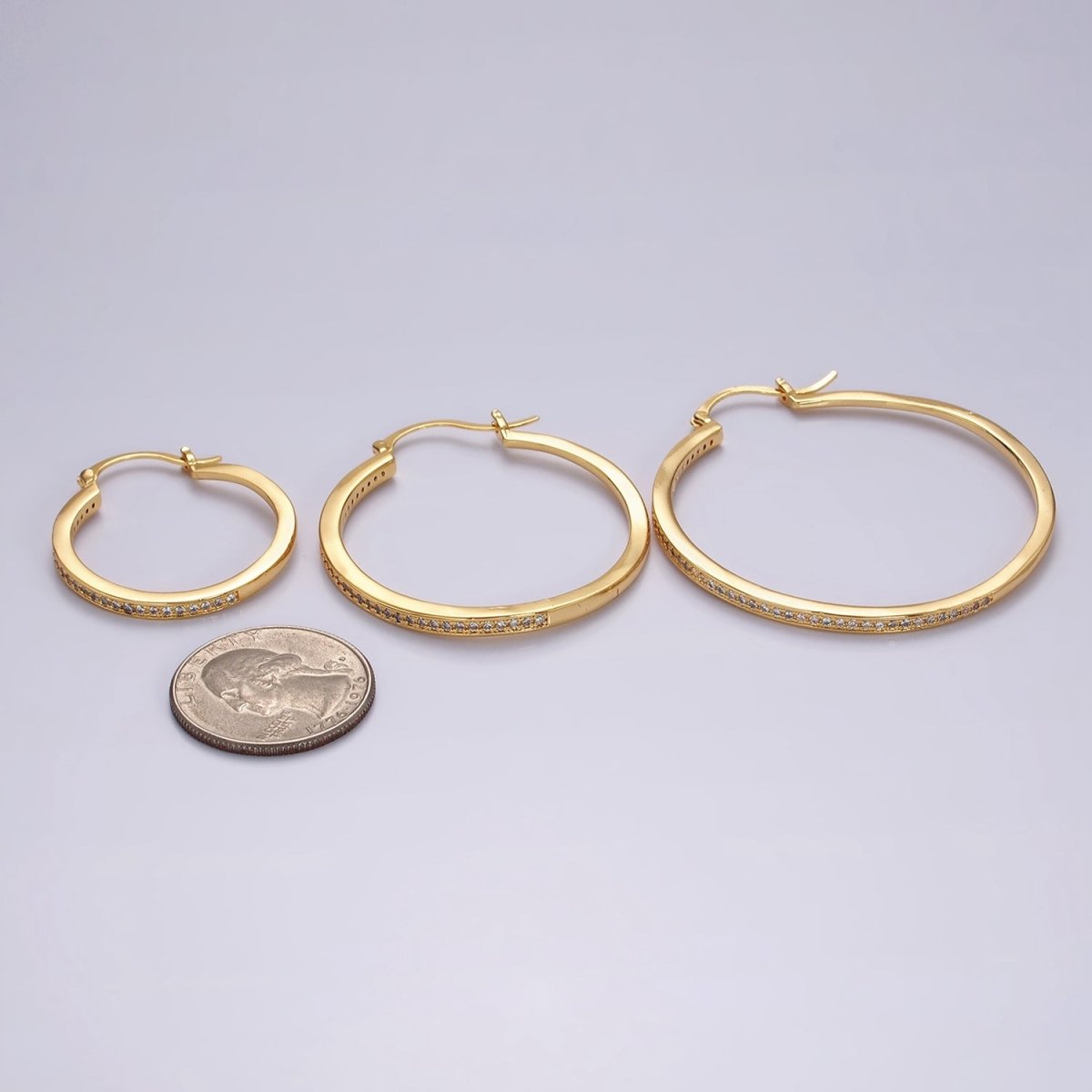 14K Gold Filled 30mm, 40mm, 50mm Clear CZ Lined Latch Hoop Earrings in Gold & Silver | AE145 - AE150
