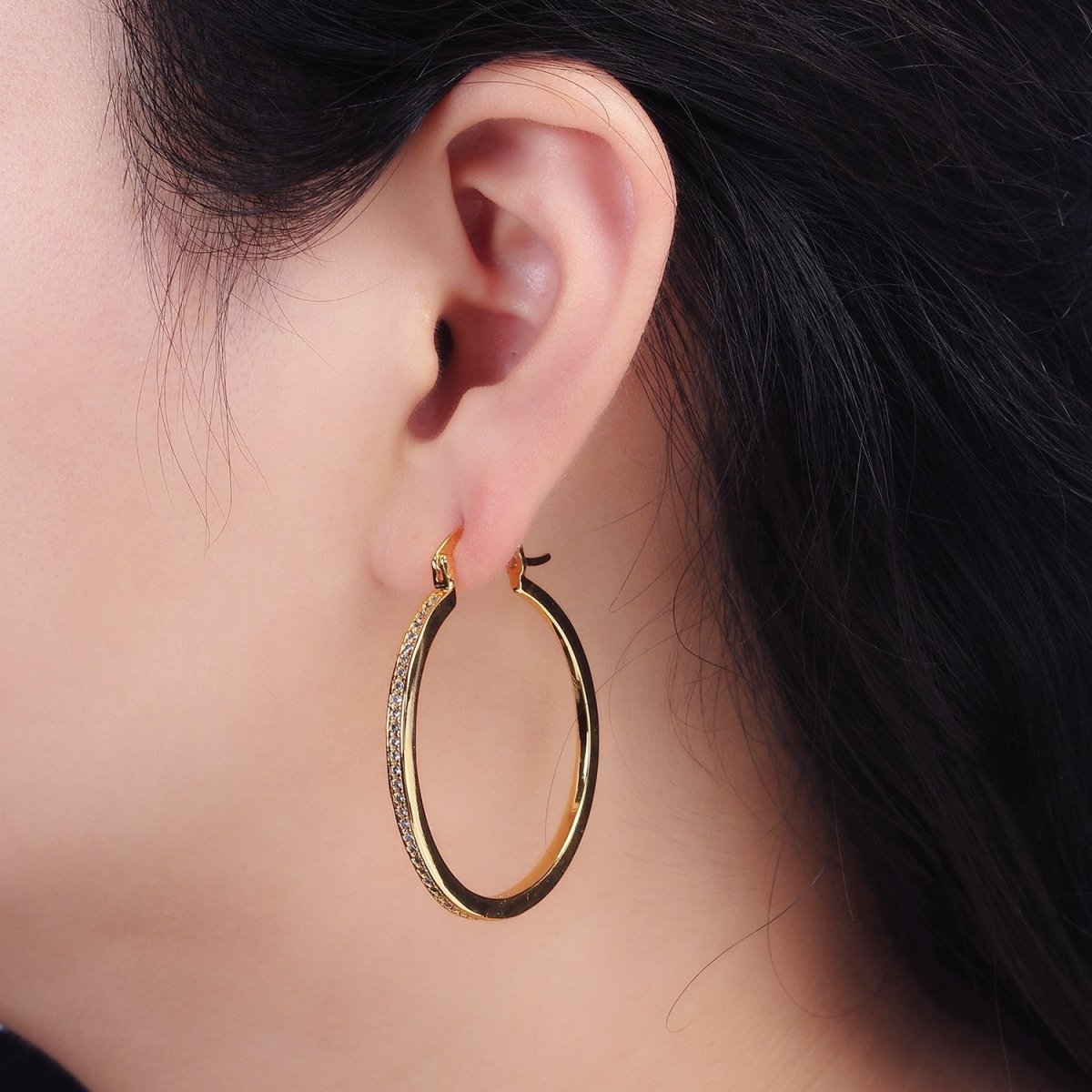 14K Gold Filled 30mm, 40mm, 50mm Clear CZ Lined Latch Hoop Earrings in Gold & Silver | AE145 - AE150