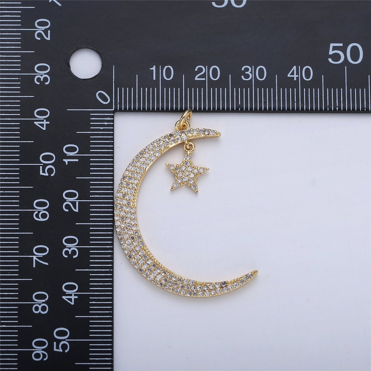 14K Gold Filled 30mm / 40mm Micro Paved CZ Celestial Crescent Moon Star Dangle Charm D-167