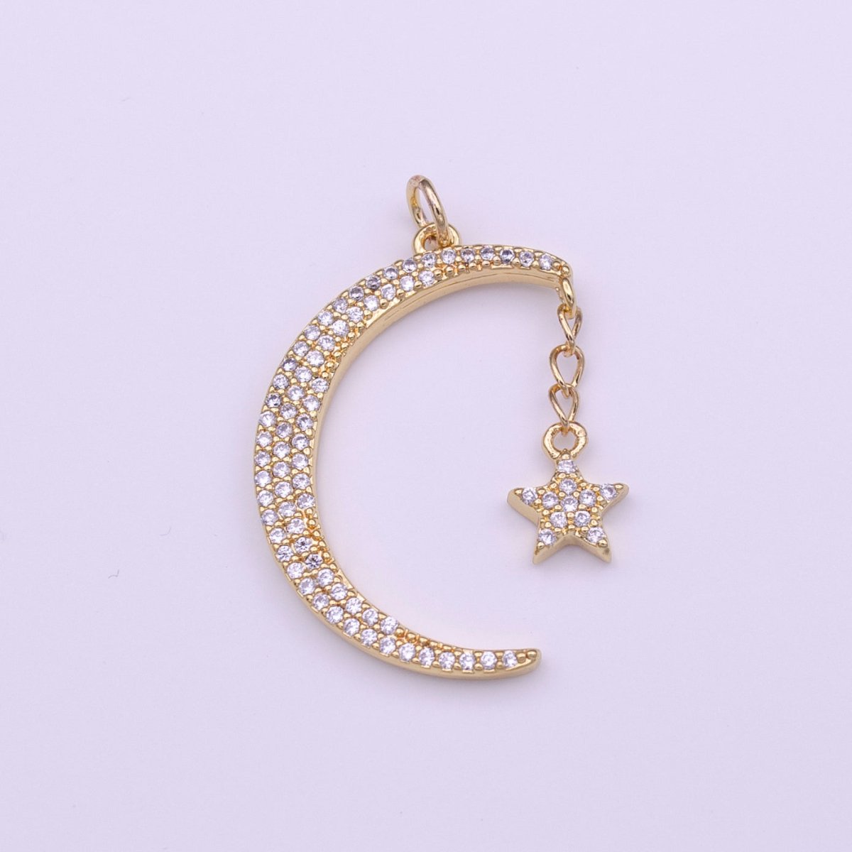 14K Gold Filled 30mm / 40mm Micro Paved CZ Celestial Crescent Moon Star Dangle Charm D-167